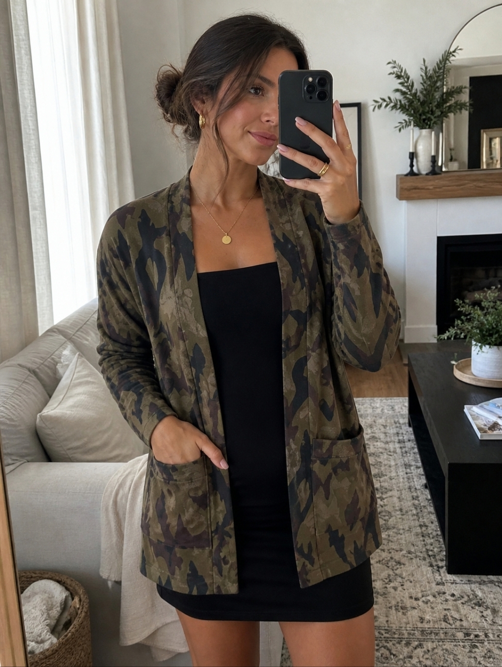 Camo Print Open Front Cardigan